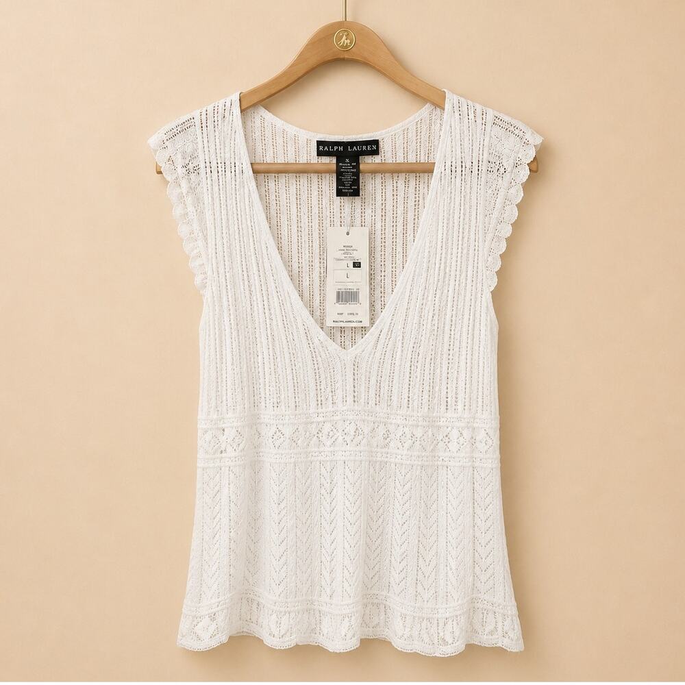 Ralph Lauren Black Label Ivory Linen Lace Top L Vintage NWT Crochet Knit USA